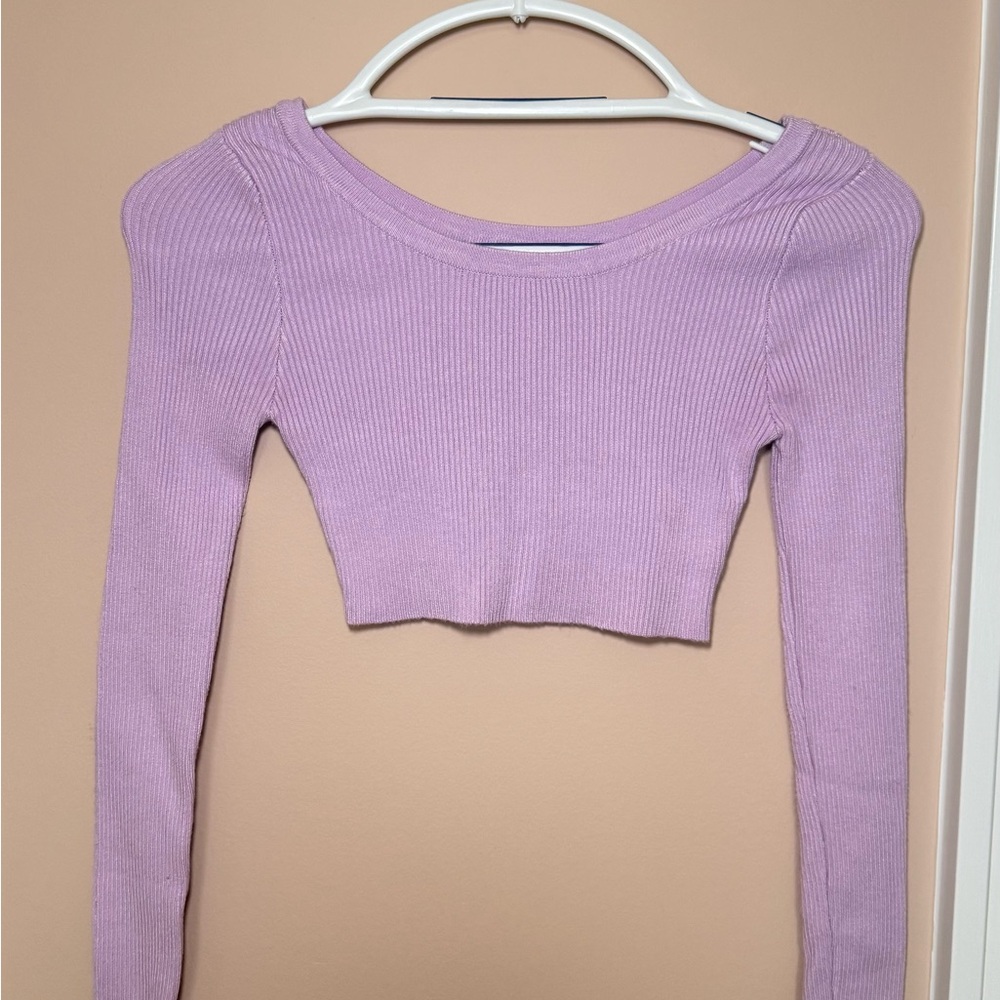 Lavender Cropped Ribbed Long Sleeve Top – Size Small